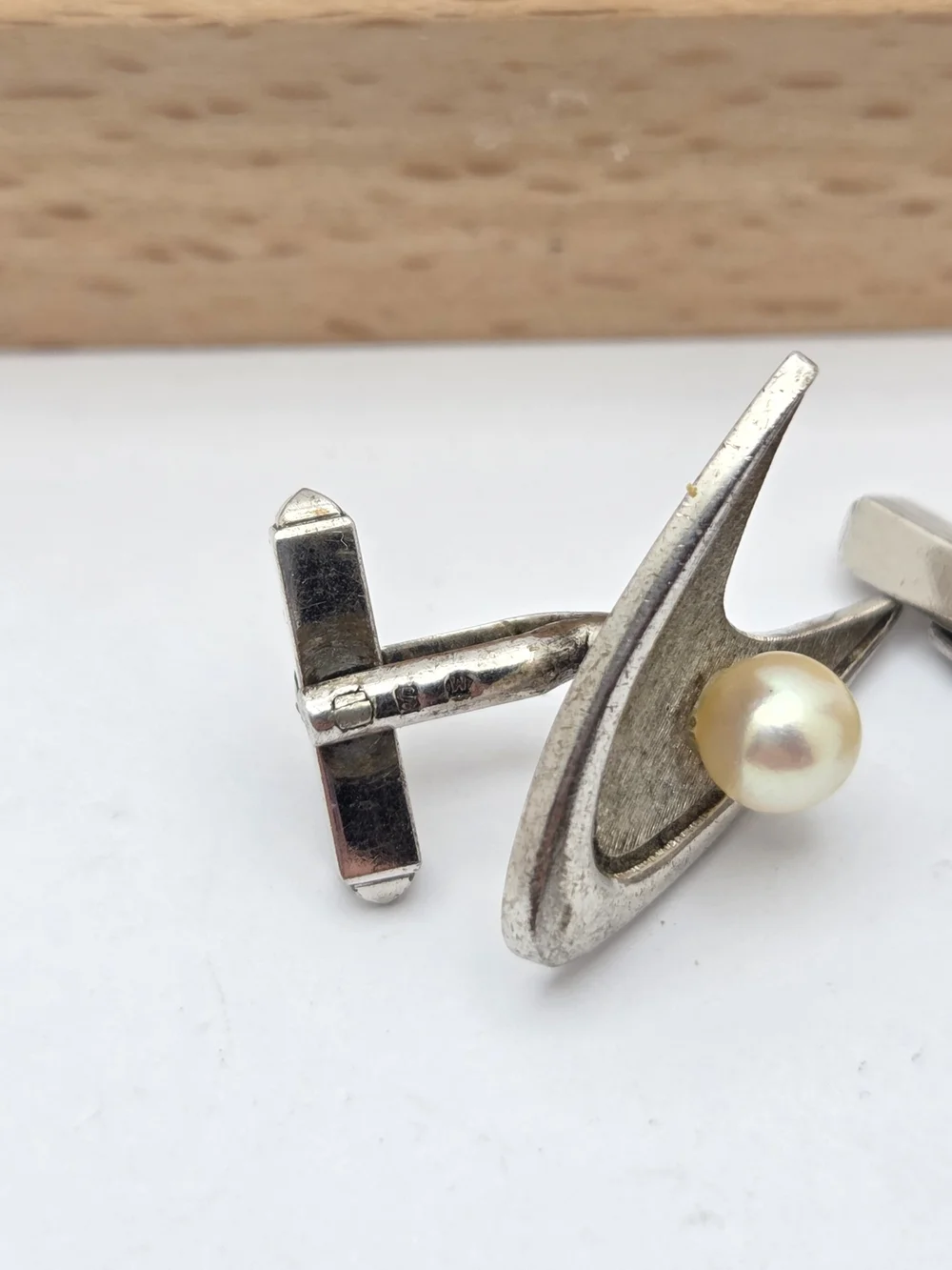 Vintage Sterling Silver Pearl Atomic Age Boomerang Cufflinks MCM